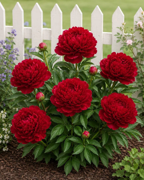 Deep red peony flowers blooming in a landscaped garden with lush green foliage and a white picket fence.
