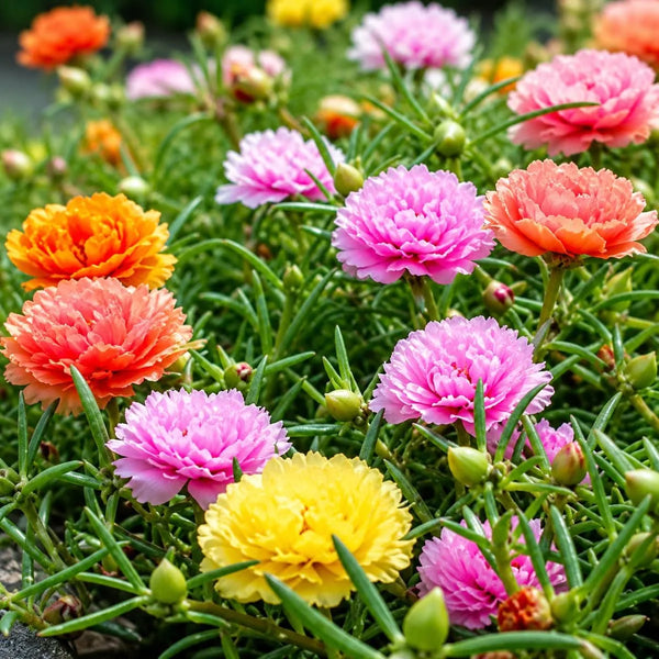 Mixed color moss rose flowers with pink, yellow, orange, and peach double blooms growing in a sunny garden