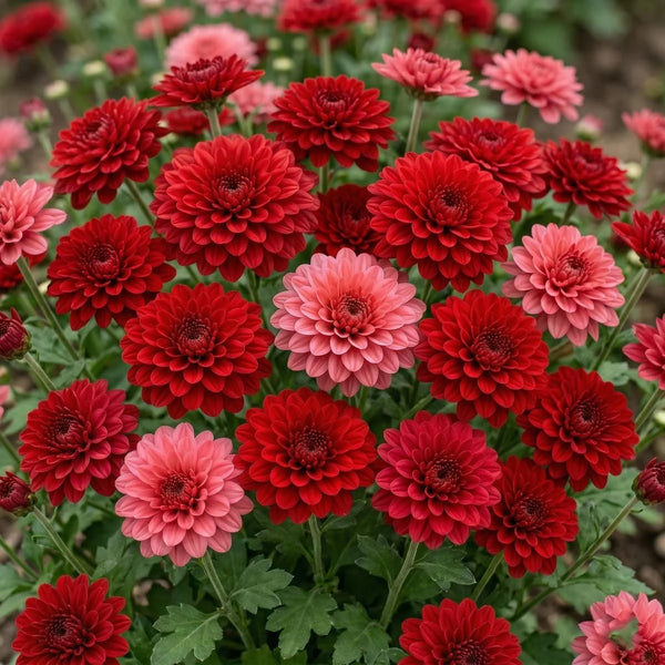 Red and pink chrysanthemum flowers with layered blooms growing in a vibrant flower garden