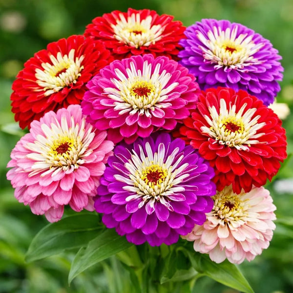 Colorful double bloom zinnia flowers in red, pink, purple, and white growing in a garden