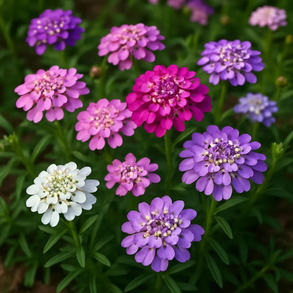 Mixed candytuft flowers in white, pink, purple, and magenta blooming in a colorful garden