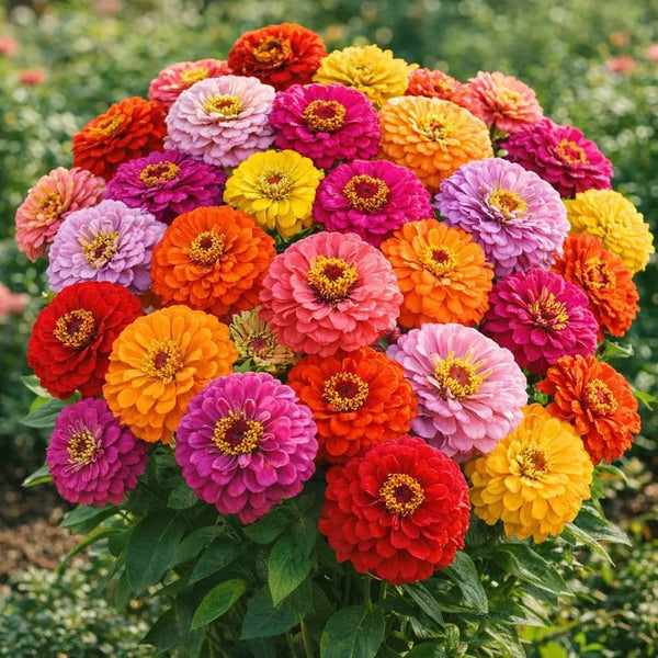 Mixed color zinnia flowers with large red, orange, pink, yellow, and purple blooms in a garden