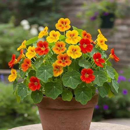 Tropaeolum majus Nanum Variegated Mixed nasturtium flowers and variegated foliage